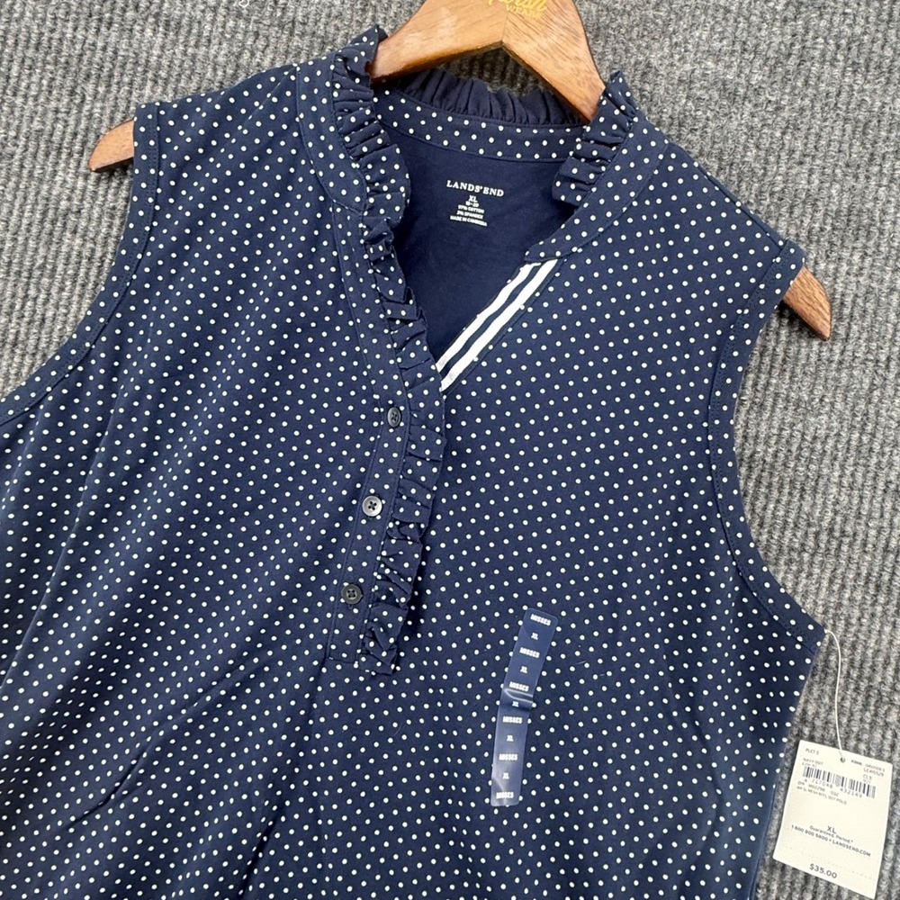 Lands End Polo Shirt Womens XL Navy Blue New Polka Dot Ruffle Mesh Sleeveless